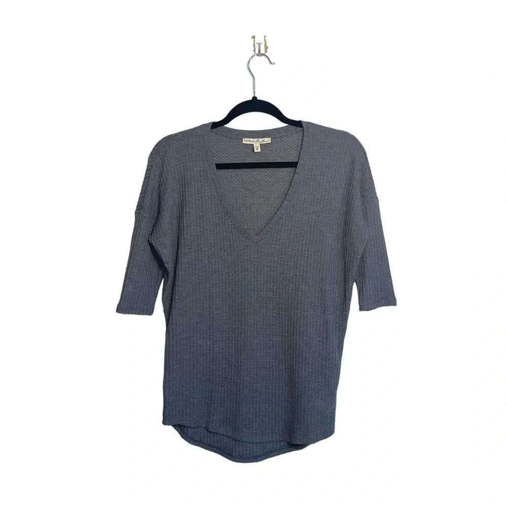 Express One Eleven Gray Waffle Knit V-neck 3/4 Sleeve Sweater Xsmall Women’s